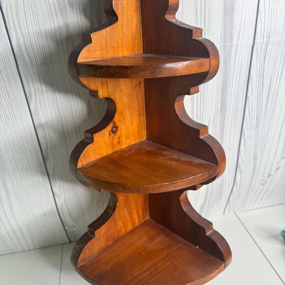None Other - Vintage Wood Corner Shelf 3 Tier Wall Hanging Display Cottagecore Rustic 17”